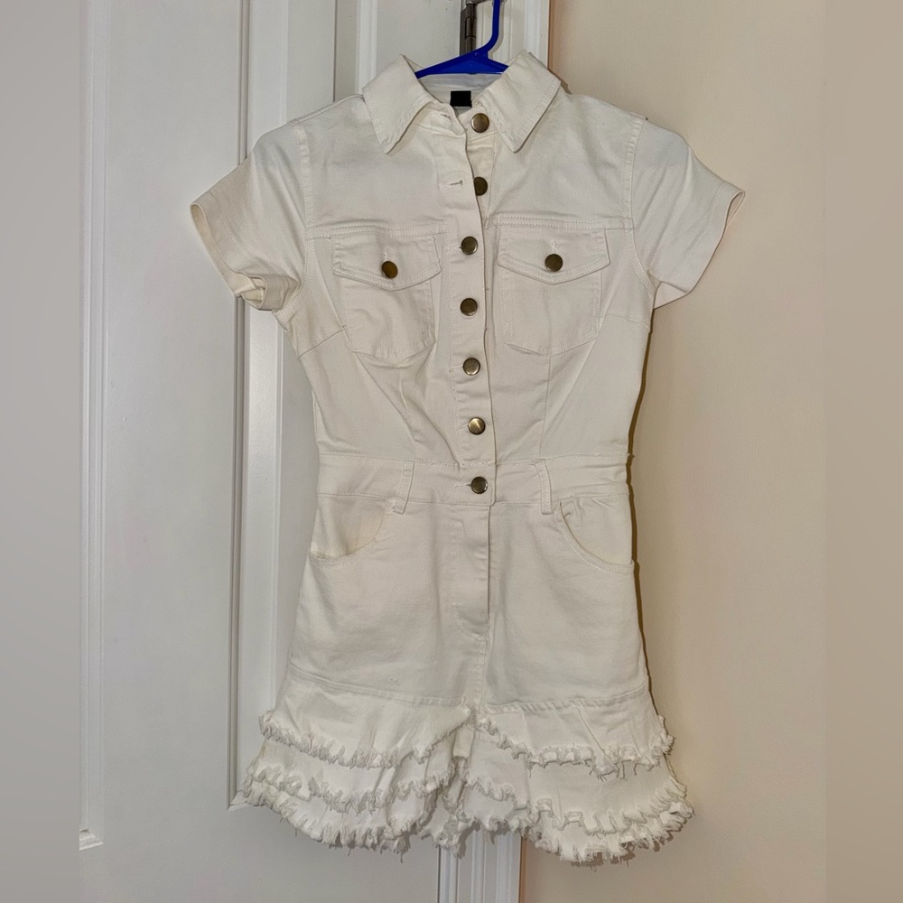 White/Cream Denim Romper With Gold Buttons & Distressed Shorts Size XS
